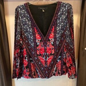WHBM- beautiful, flowy red, black blouse- with hints of blue and purple colors